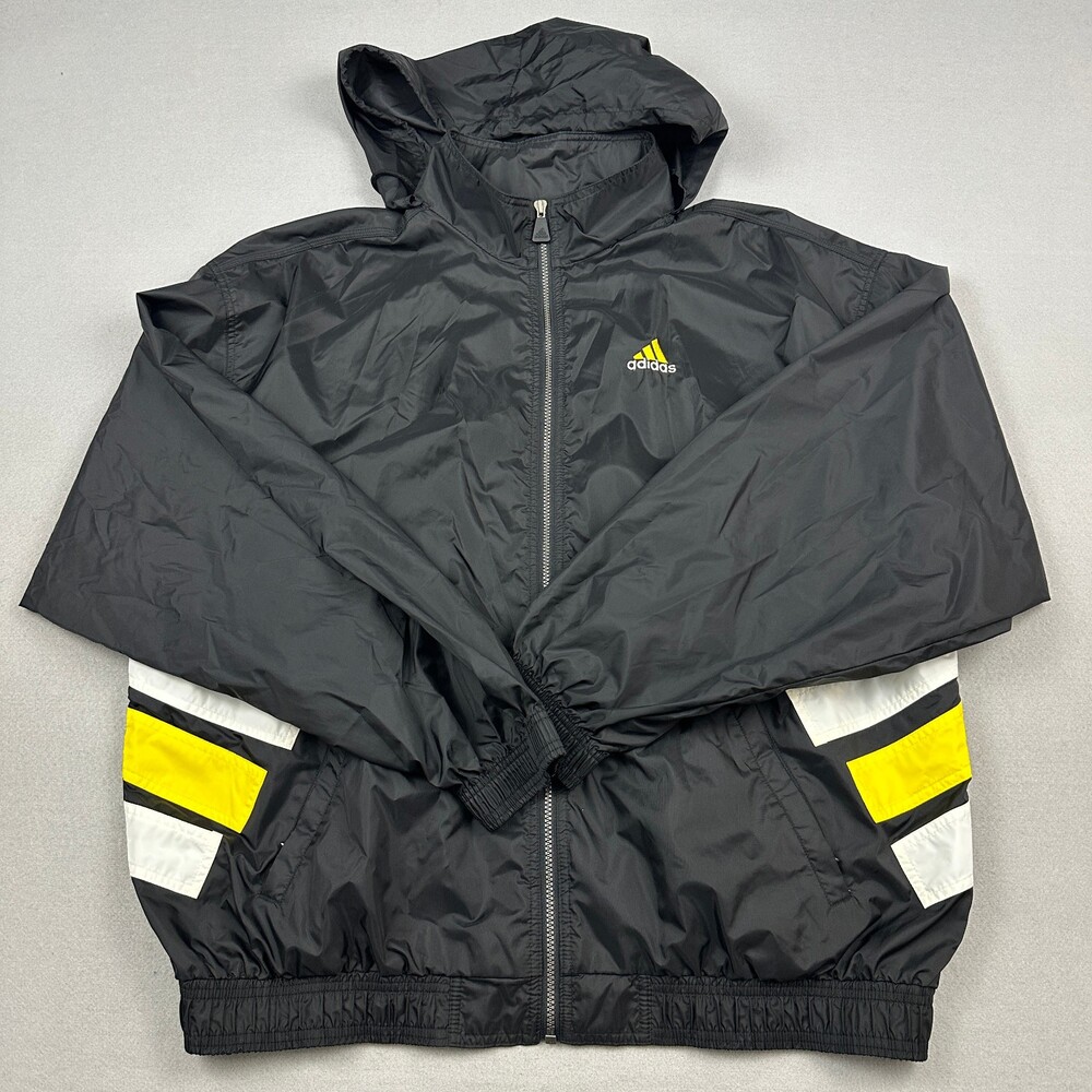 Vintage Adidas Jacket Men 2XL Black Yellow  3 Flag Hood Windbreaker Full Zip 90s